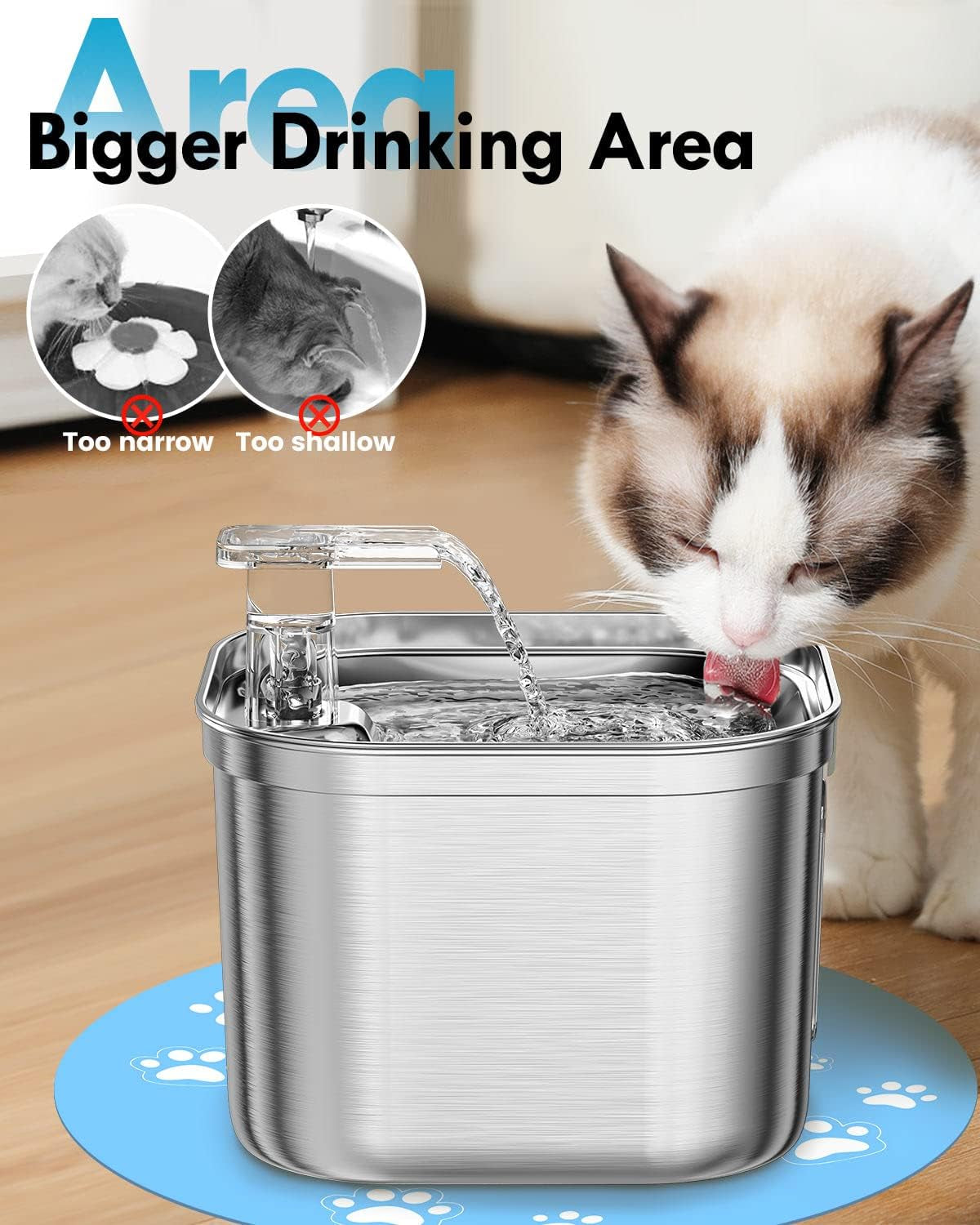 Cat Water Fountain, 74Oz/2.2L Stainless Steel Pet Water Fountain Dog Water Dispenser, Water Fountain for Cats inside with Quiet Pump & Mat