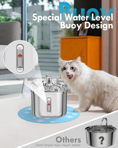 Cat Water Fountain, 74Oz/2.2L Stainless Steel Pet Water Fountain Dog Water Dispenser, Water Fountain for Cats inside with Quiet Pump & Mat