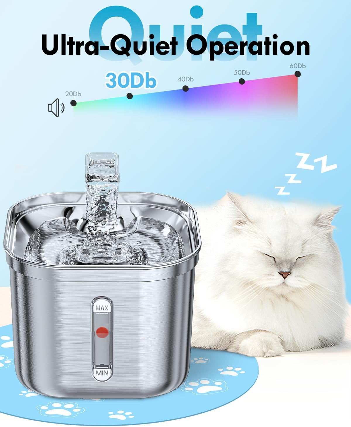 Cat Water Fountain, 74Oz/2.2L Stainless Steel Pet Water Fountain Dog Water Dispenser, Water Fountain for Cats inside with Quiet Pump & Mat